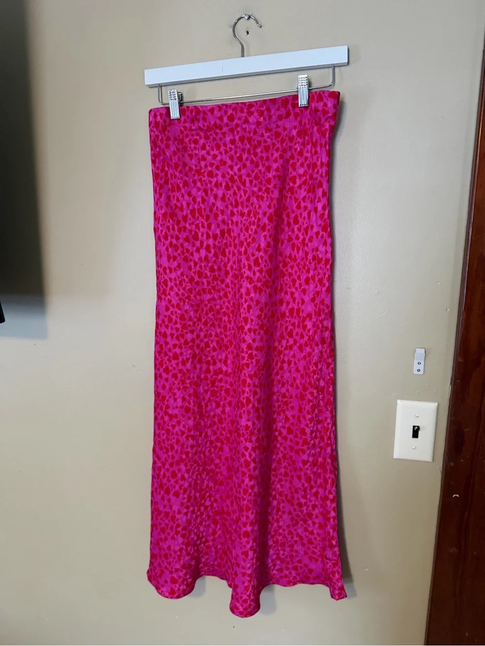 LOFT Hot Pink Heart Printed Satin Maxi Skirt NEW